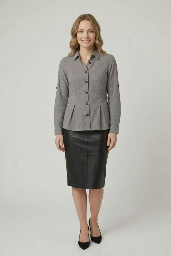 Black | Gingham Print 3/4 Sleeve Peplum Shirt