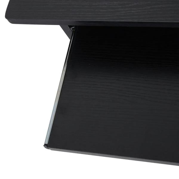 Black sliding keyboard tray rail and underside of the desk