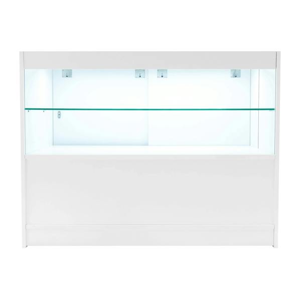 Eclipse LED Shop Counter Set in white features a sleek design with glass shelves and integrated lighting for display purposes