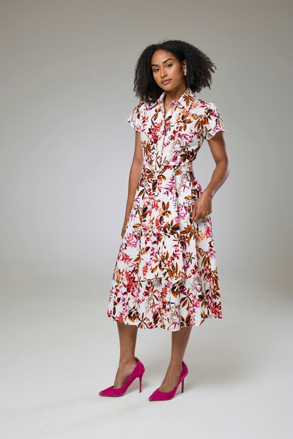 Isha's Timeless collection Blooming Pink Flora Short Sleeve Shirt Dress