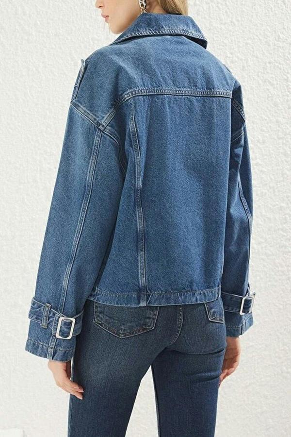 WOVCOR Double-Breasted Oversize Denim Blazer Jacket with Belt Buckle
