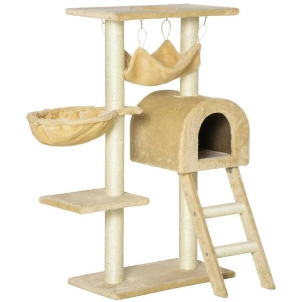 Beige cat tree tower with hammock, enclosed house, hanging basket, and ladder perch
