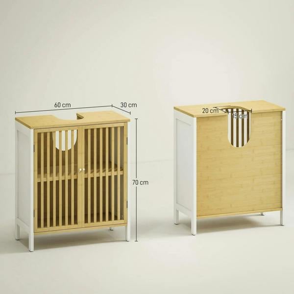 Under-sink cabinet with bamboo front slats, white sides, and top cut-out opening