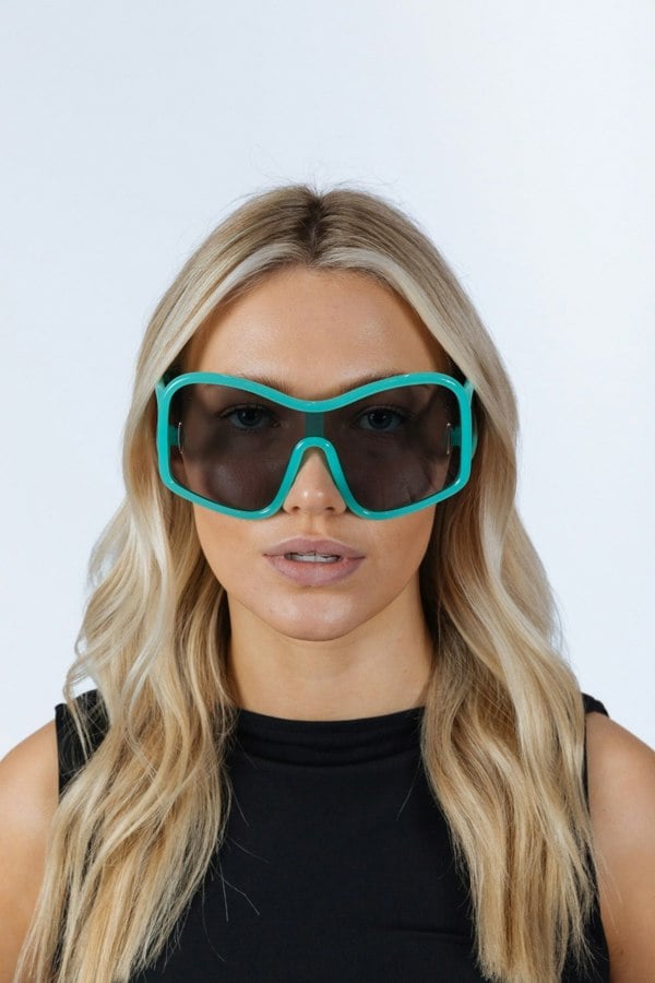 SVNX Square Oversized Mask Sunglasses in Aqua Grey