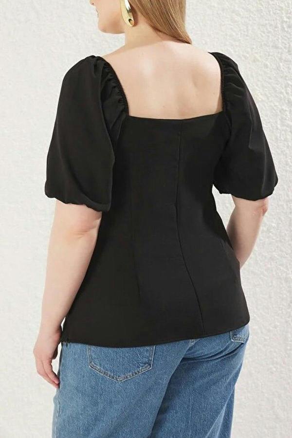 WOVCOR Square Neck Balloon Sleeve Button Detail Woven Plus Size Blouse