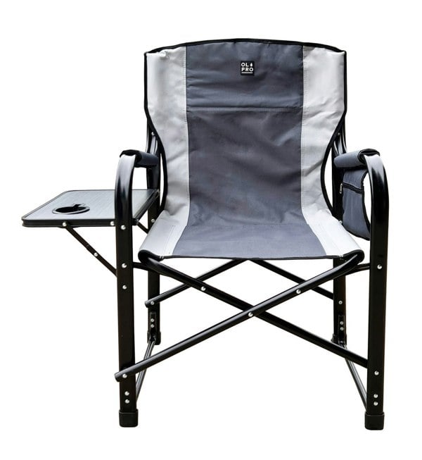 The OLPRO Directors Camping Chair in grey with the side table up pictured with a white background.