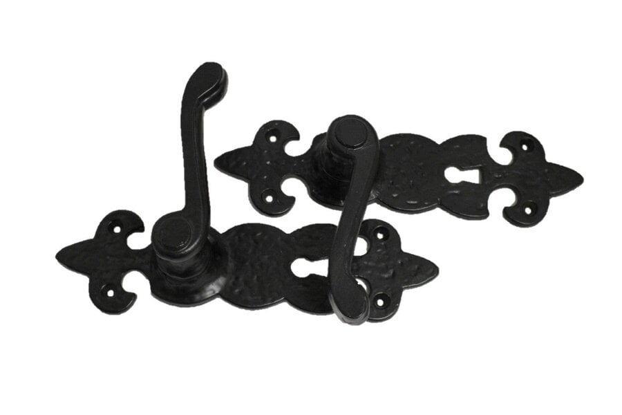 EDH Door Hardware Black Cast Iron Fleur-de-Lys Lever Lock Door Handles  Ornate Antique Internal
