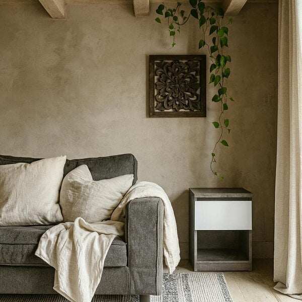 Wyld Haus Budapest Concrete Effect and White Wooden Bedside Table 1 Drawer 1 Shelf