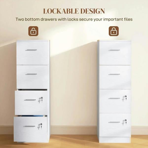 White wood-effect filing cabinet with lockable drawers and silver pull handles