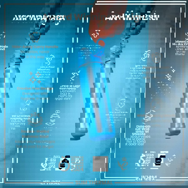 A blue, double-walled stainless steel water bottle is being held; it features a hide-away handle, crevice-free design, hygiene cover, and wide mouth. Award-winning design.