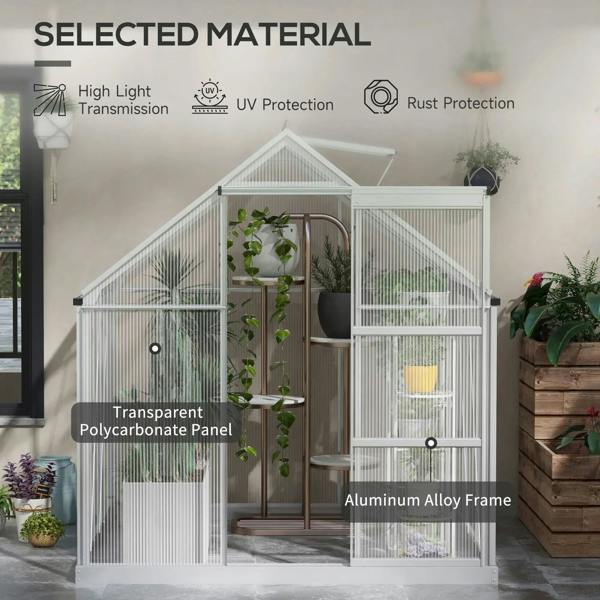 Walk-in greenhouse with transparent polycarbonate panels and aluminium alloy frame