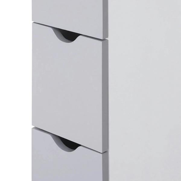 Close-up of gray drawer fronts with curved cutout handles on a white cabinet