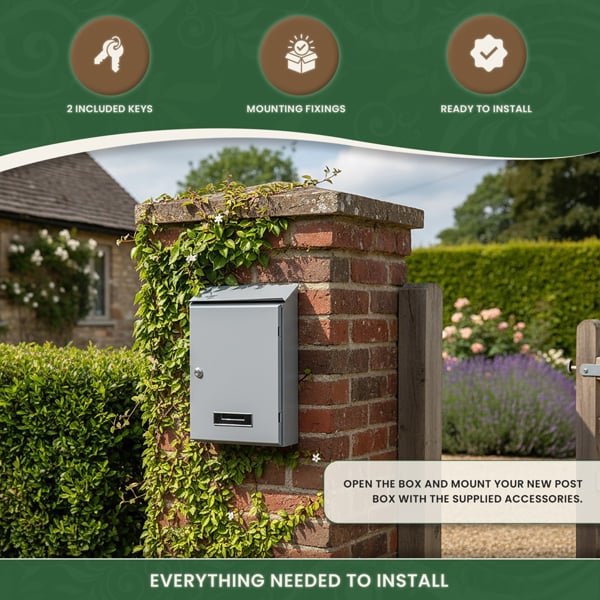 Galvanised Steel Wall Mounted Post Box in Grey with Perspex Name Tab, 2 Keys Included, Fixings Supplied