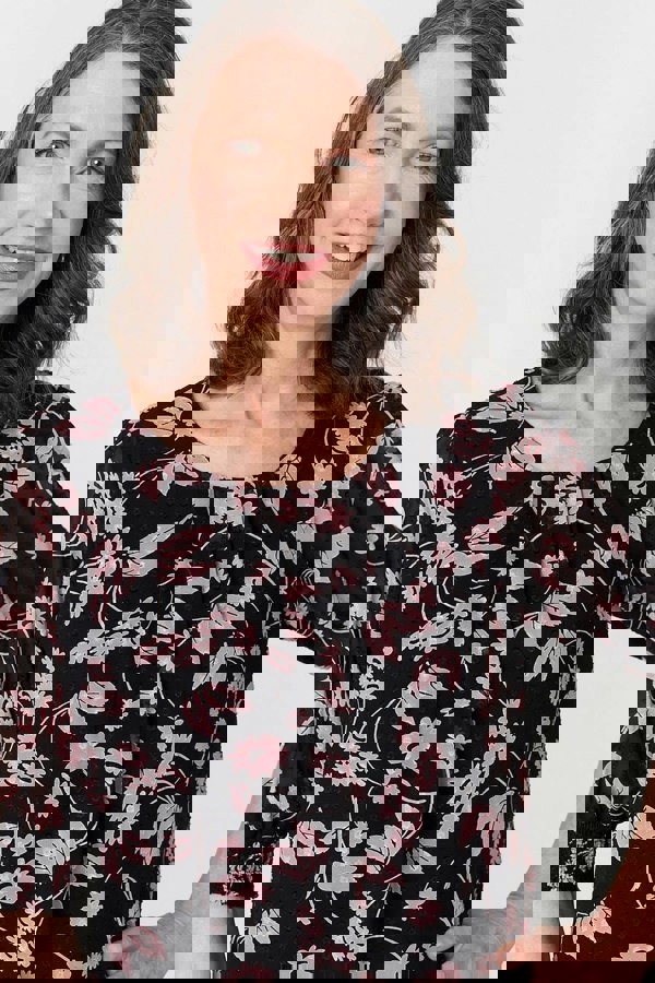 Black | Floral Relaxed 1/2 Puff Sleeve Blouse
