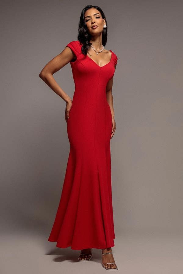 Capped Sleeve V Neck Pleated Fit & Flare Maxi Dress - Red DR5117