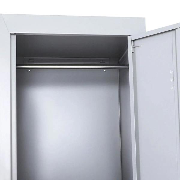 Grey locker cabinet interior with empty storage space and shelf support bars