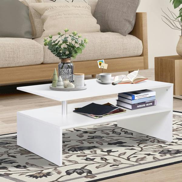 Wyld Haus Vifama Wooden White 2 Tier Coffee Table With Open Shelving And Aluminium Supports