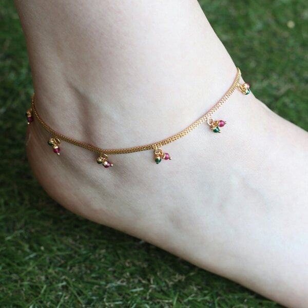 The Colourful Aura Golden Brass Rounds Red Green Beads Indian Payal Anklet