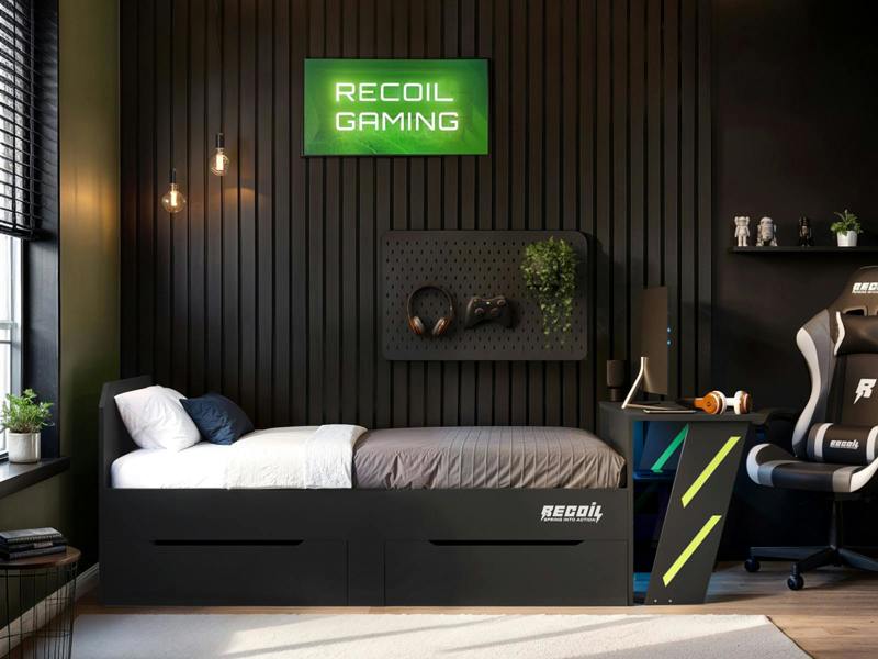 Recoil Alister Gaming Single Bed with Desk Charcoal & Green