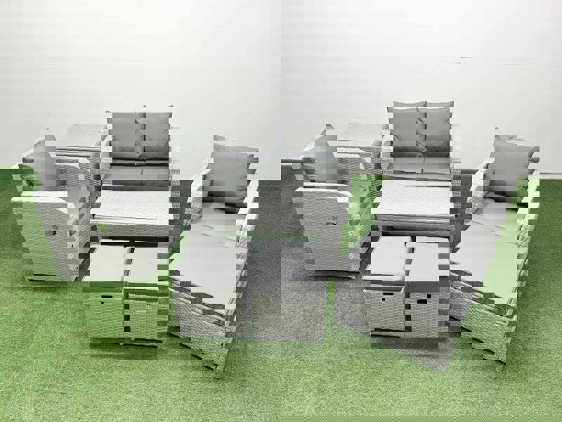 Fimous Light Grey PE Wicker Rattan Garden Furniture Set Sofa Set Reclining Adjustable Chair Oblong Coffee Table 7 Seater 3  Stools Side Table