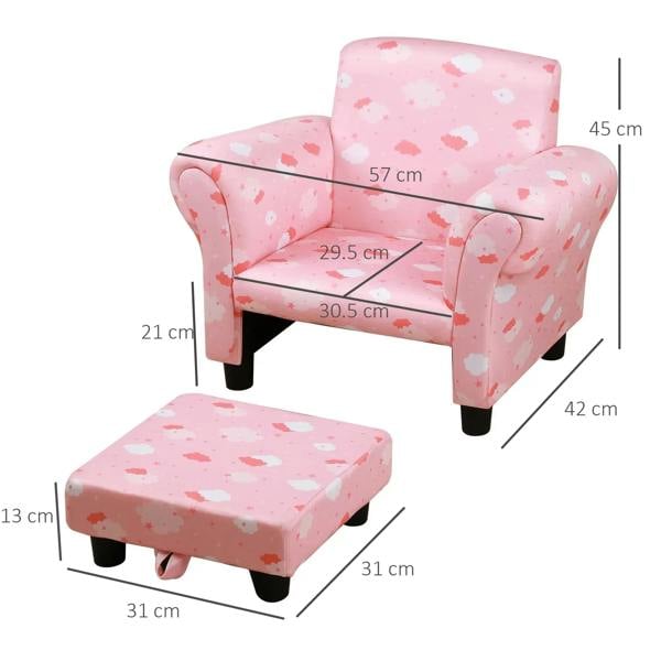 Pink cloud-pattern toddler armchair with pull-out ottoman, high back and armrests