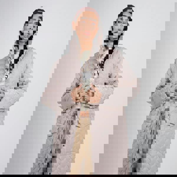 Brave Soul Stone Longline Diamond Quilted Jacket - Stone Image 3