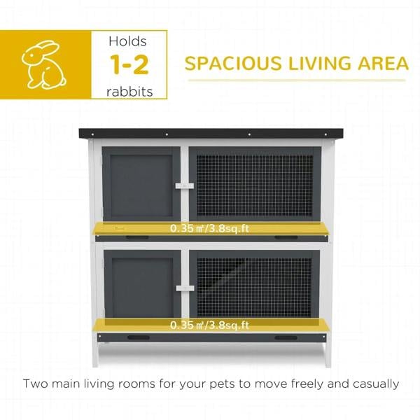 Grey two-tier rabbit hutch with two roomy compartments and front mesh door openings