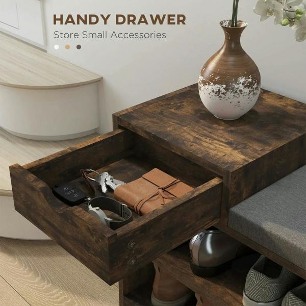 Rustic brown shoe bench showing open drawer storage under the gray seat