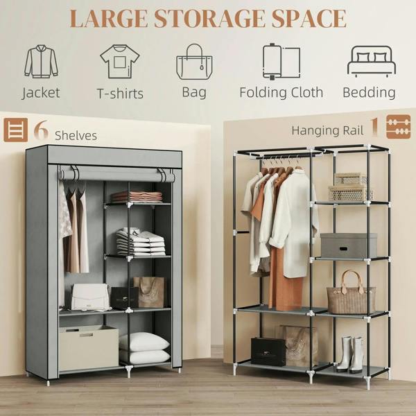 Fabric wardrobe with 6 shelves and hanging rail, shown as a storage space guide
