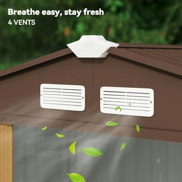 Light brown metal shed with four roof vents for airflow