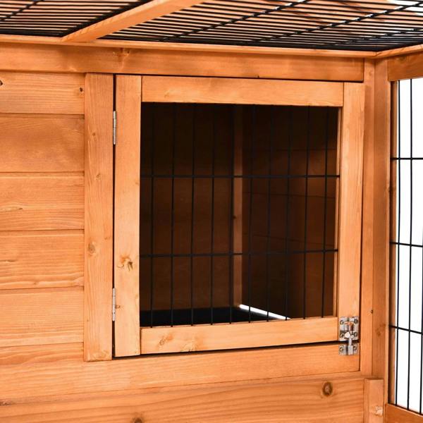 Wooden pet hutch front door with wire mesh panels and metal latch hardware