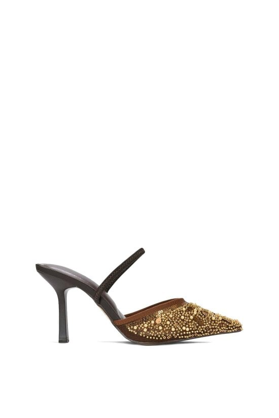 XY LONDON Slingback Stiletto High Heel Rhinestone Embellished Court Shoes - Brown