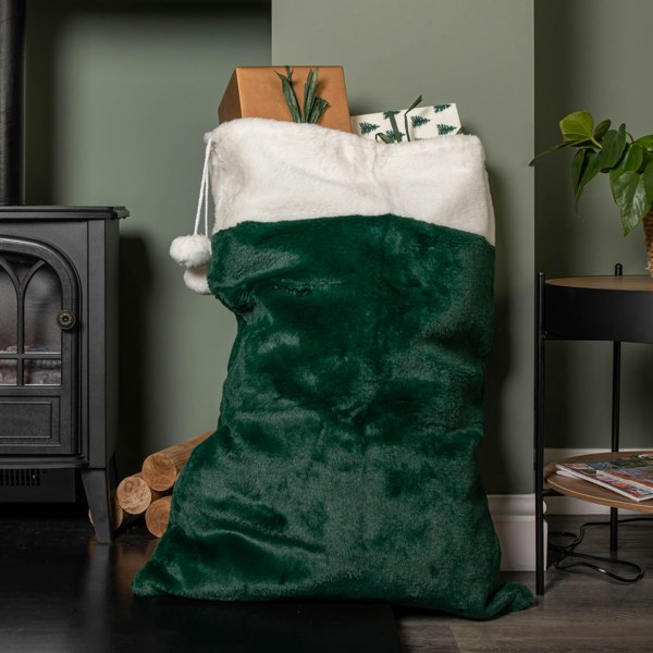 Samuel Alexander 80x55cm Green Christmas Sack with White Cuff and Pom Poms