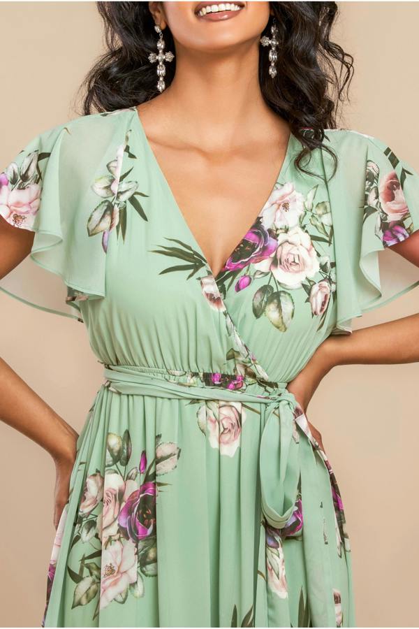 Sustainable Printed Flutter Sleeve Maxi Dress - Duck Egg DR1582BBS