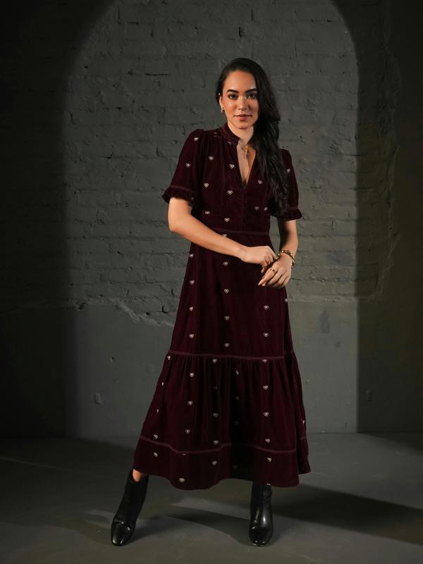 Rose & Nancy Sara Burgundy Heart Embroidered Velvet Dress