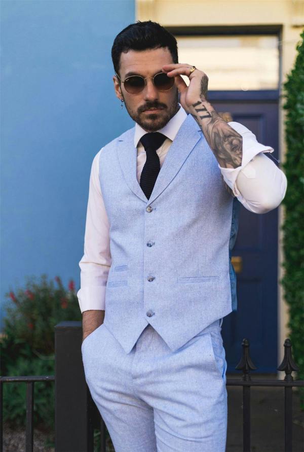 Infinity Leather Men's Summer 2 Piece Suit Linen Formal Light Blue Waistcoat Trousers