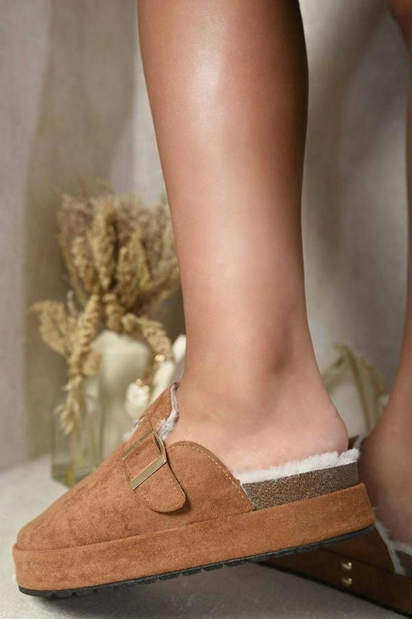 Sylvie Slip On Faux Fur Platform Clogs - Camel