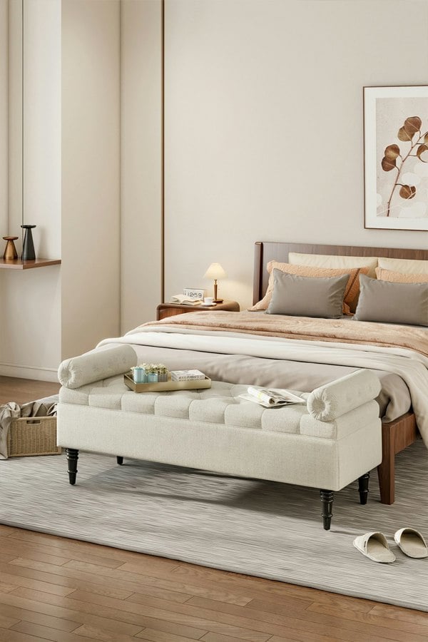 Living and Home Tufted Flip Top Storage Bench with Side Arms Beige