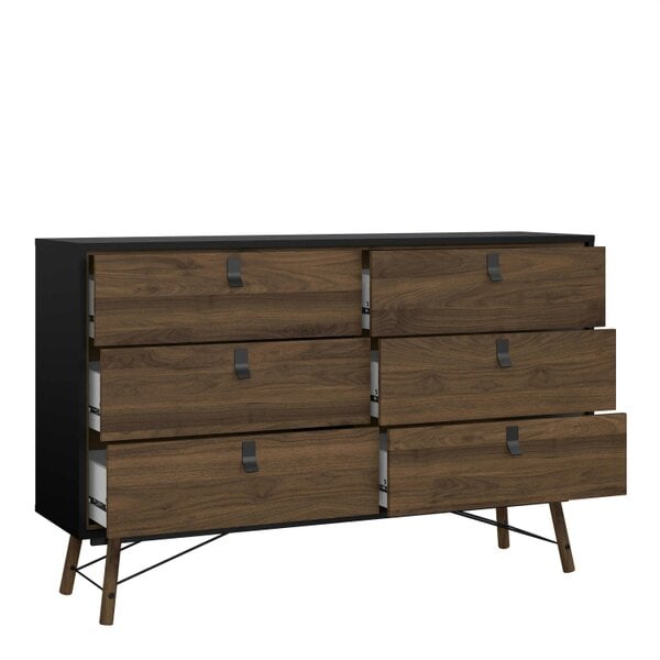 Wyld Haus Juno Black and Walnut Wood Wide Double Chest of 6 Drawers