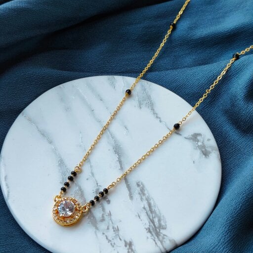 The Colourful Aura Round Black Beaded Zircon 18ct Gold Plated Asian Mangalsutra Pendant Necklace
