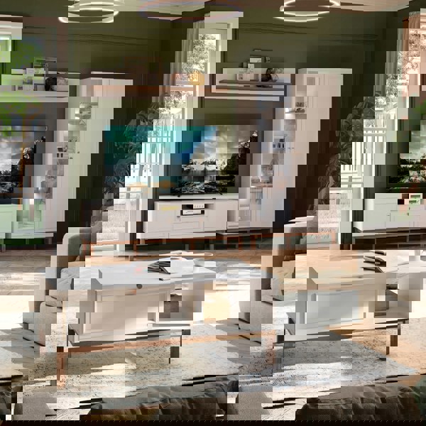 Furniture To Go Wensley Display Cabinet with 1 Door and  1 Glass Door in Light Grey and Oak inc LED Lighting