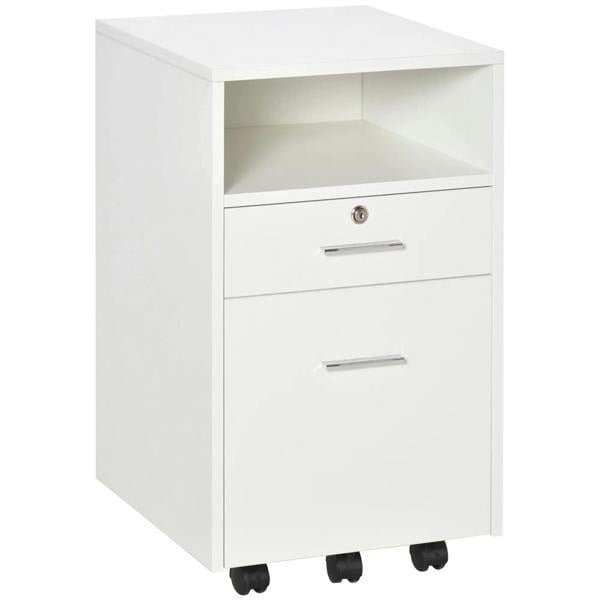 White lockable filing cabinet with two drawers and caster wheels
