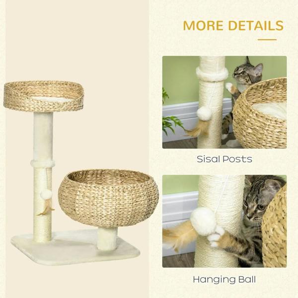 Beige cat tree detail: sisal post and hanging ball toy beside round beds
