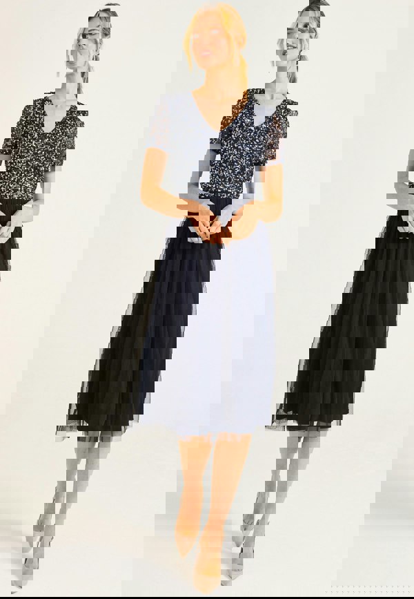 Embellished Sequin Baby Doll Midi Dress in Navy - ANGELEYE