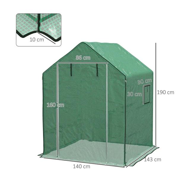Green PE walk-in greenhouse cover with roll-up door and window panels, 140x143x190cm