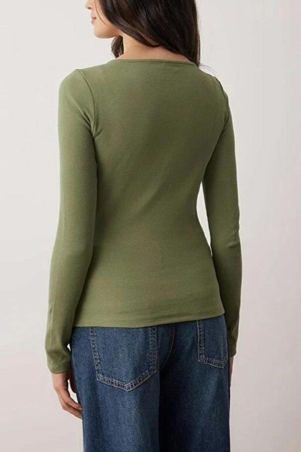WOVCOR Buttoned Crew Neck Ribbed Flexible Knit Blouse