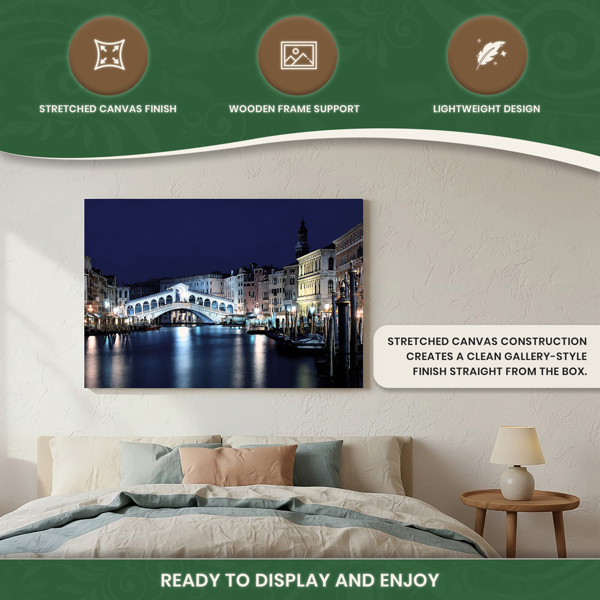 Rialto Bridge Scene Print LED Canvas, Venice Artwork With 8 LED Lights, 60 x 40 cm, Stretched Wooden Frame, Battery Powered
