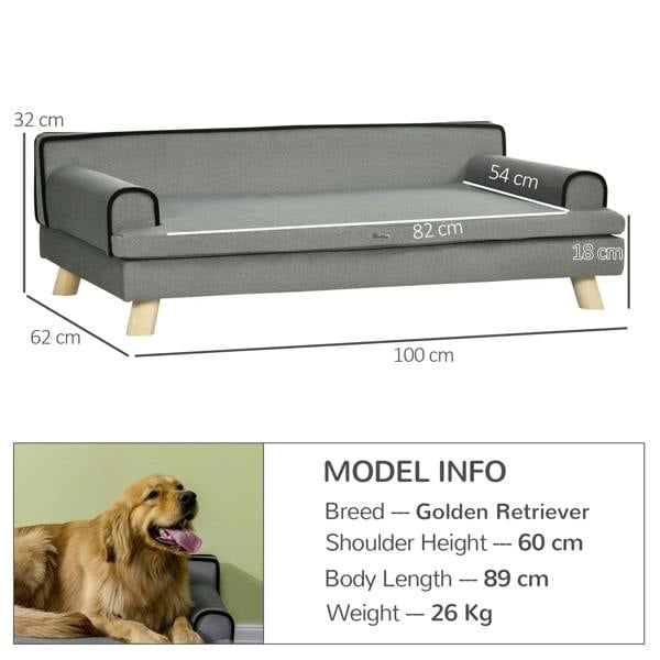 Grey dog sofa with armrests and padded cushion, supported by wooden legs