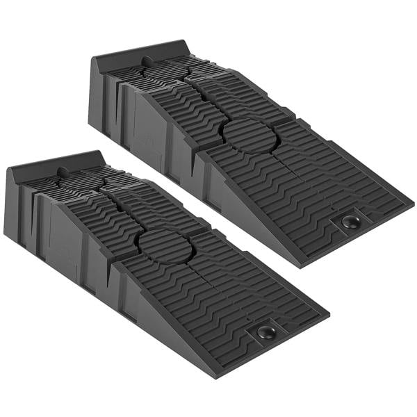 Set of 2 black plastic car ramps with raised tread grips and circular traction inserts