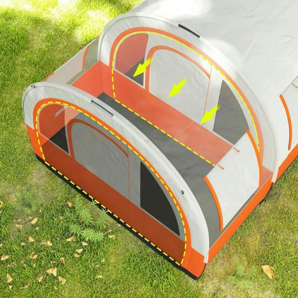 Orange-trimmed tent with zippered mesh panels and black floor edge on grass